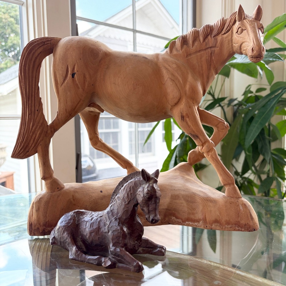 Vintage Hand Carved Wood Horse Figurine Set Large Stallion and Foal Brown